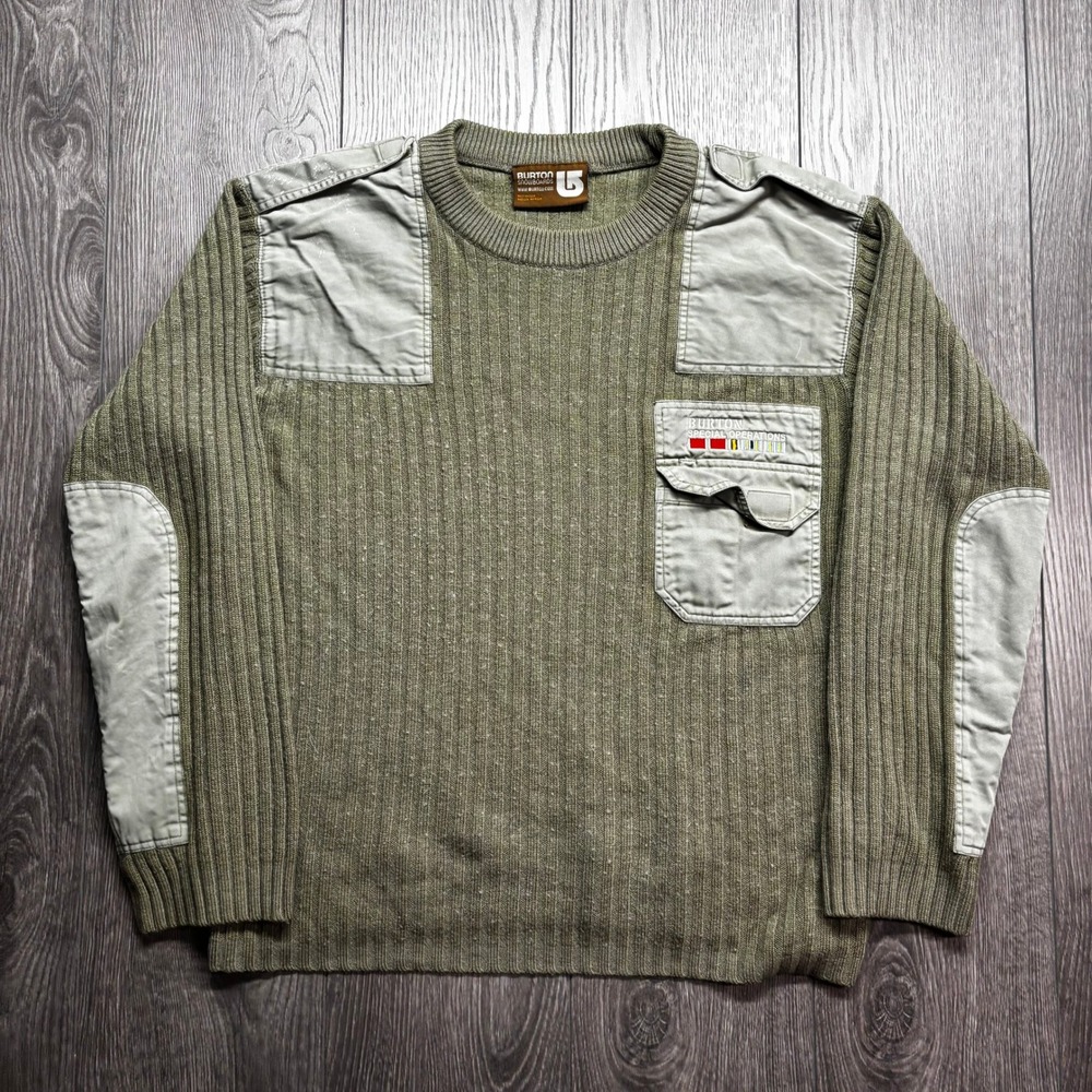 Burton Special Operations Mens Large Ribbed Knit Military Sweater Olive Green